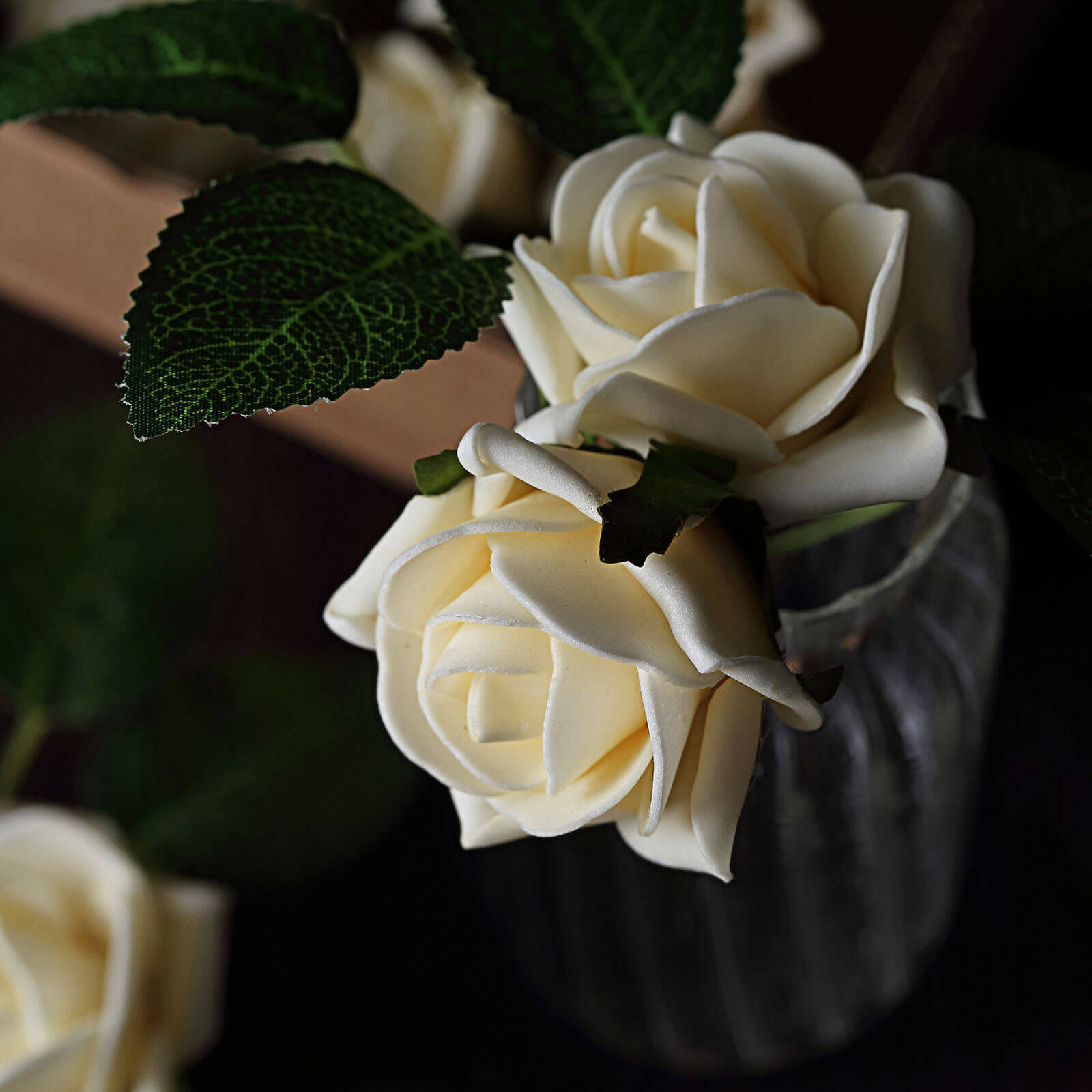 24 Roses Cream Artificial Foam Flowers With Stem Wire and Leaves 2