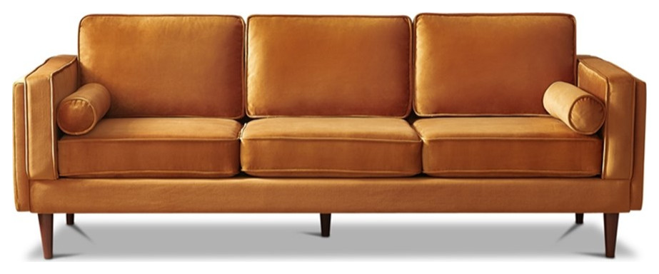 Hudson Living Room Mid Century Modern Pillow Back Velvet Sofa in Orange   Midcentury   Sofas   by Homesquare  Houzz