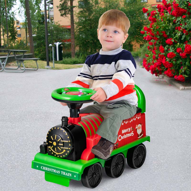 6V Kids Ride on Train with Tracks & 6 Wheels, Battery Powered Electric Ride On Toy with Lights & Music