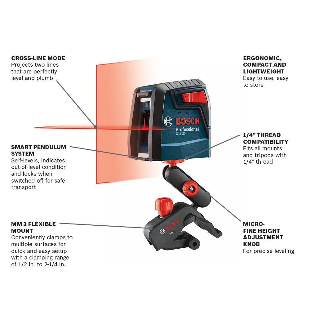 Bosch 30 ft. Cross Line Laser Level Self Leveling with 360 Degree Flexible Mounting Device and Carrying Pouch GLL 30 S