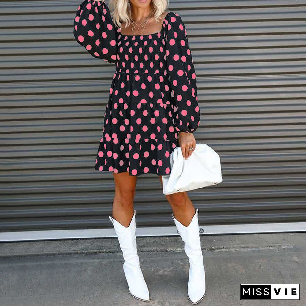 Autumn Elegant Street Ladies Square Collar Mini Dress Fashion Polka Dot Print Puff Sleeve Dress Retro Casual Loose Party Dresses