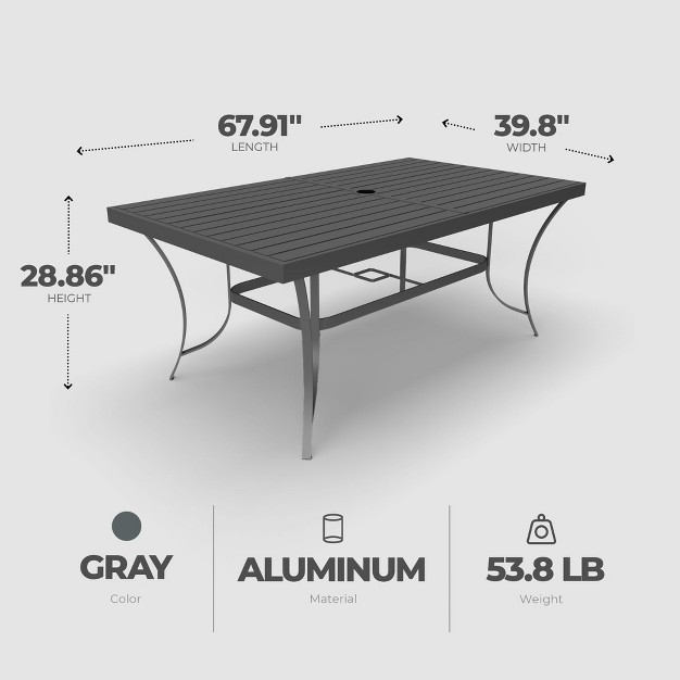 Four Seasons Courtyard Palermo Slat Top Table With Aluminum And Powder Coated Frame And Umbrella Hole For Outdoor Dining Tables Gray