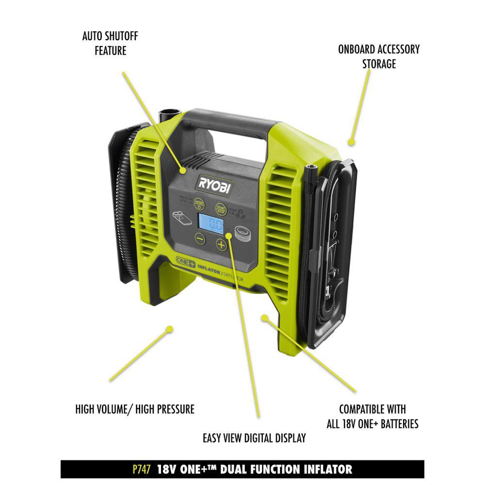 RYOBI ONE+ 18V Cordless Dual Function Portable InflatorDeflator with 1.5 Ah Battery and 18V Charger P747KN