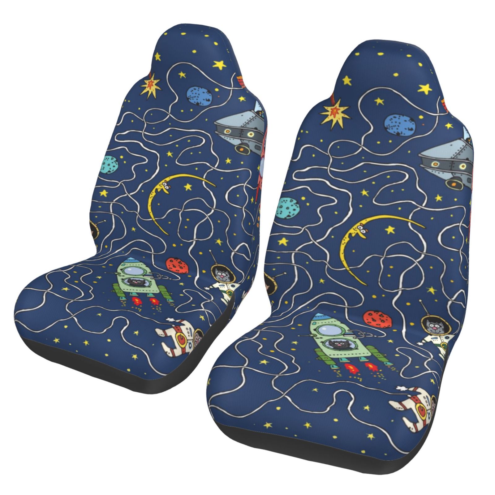 TEQUAN Front Seat Covers， Space Astronaut Cat Rocket Pattern 2 Piece Car Seat Cover Fit Most Car SUV Truck Van