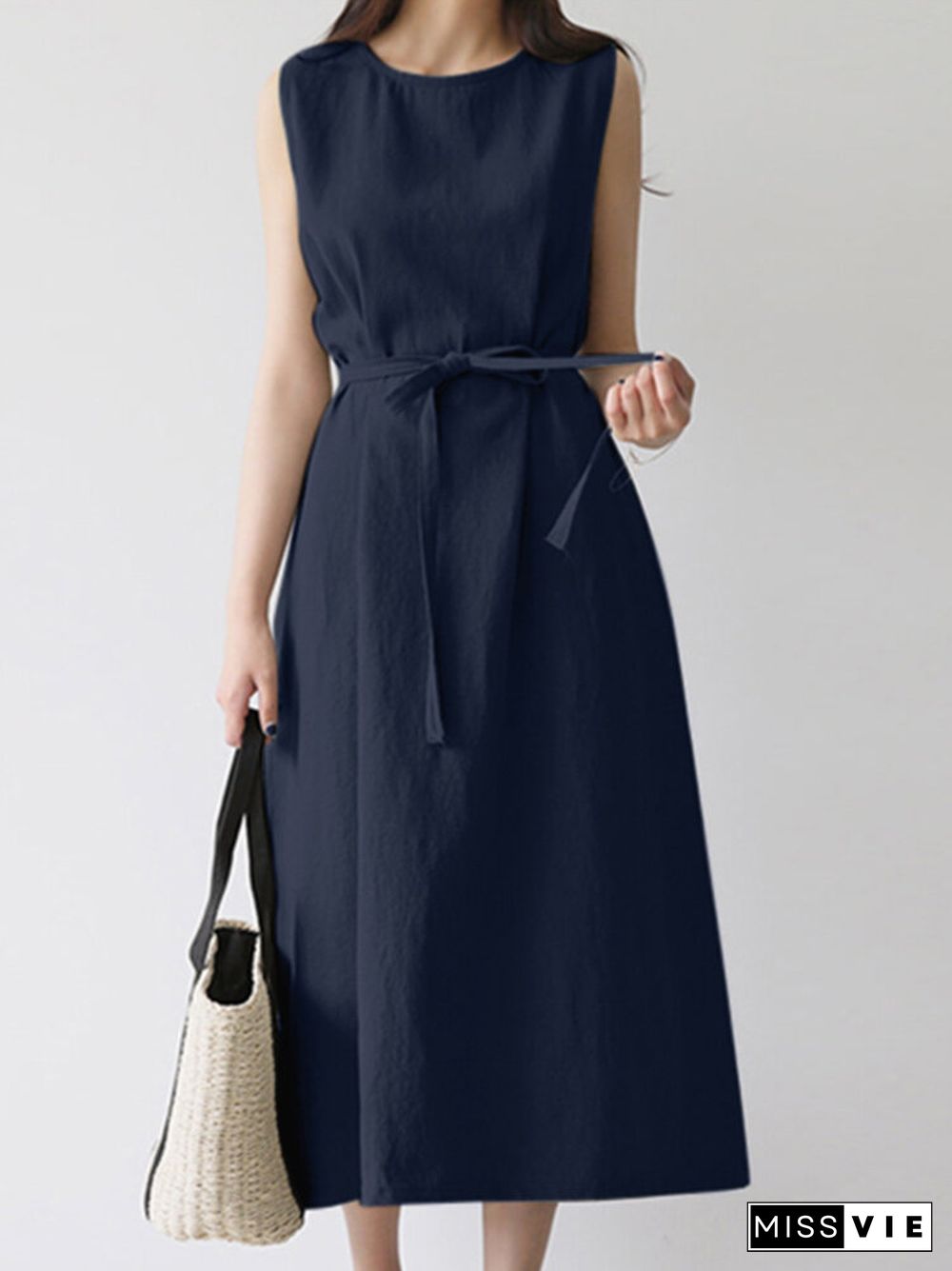 Solid A-line Sleeveless Crew Neck Midi Dress With Belt