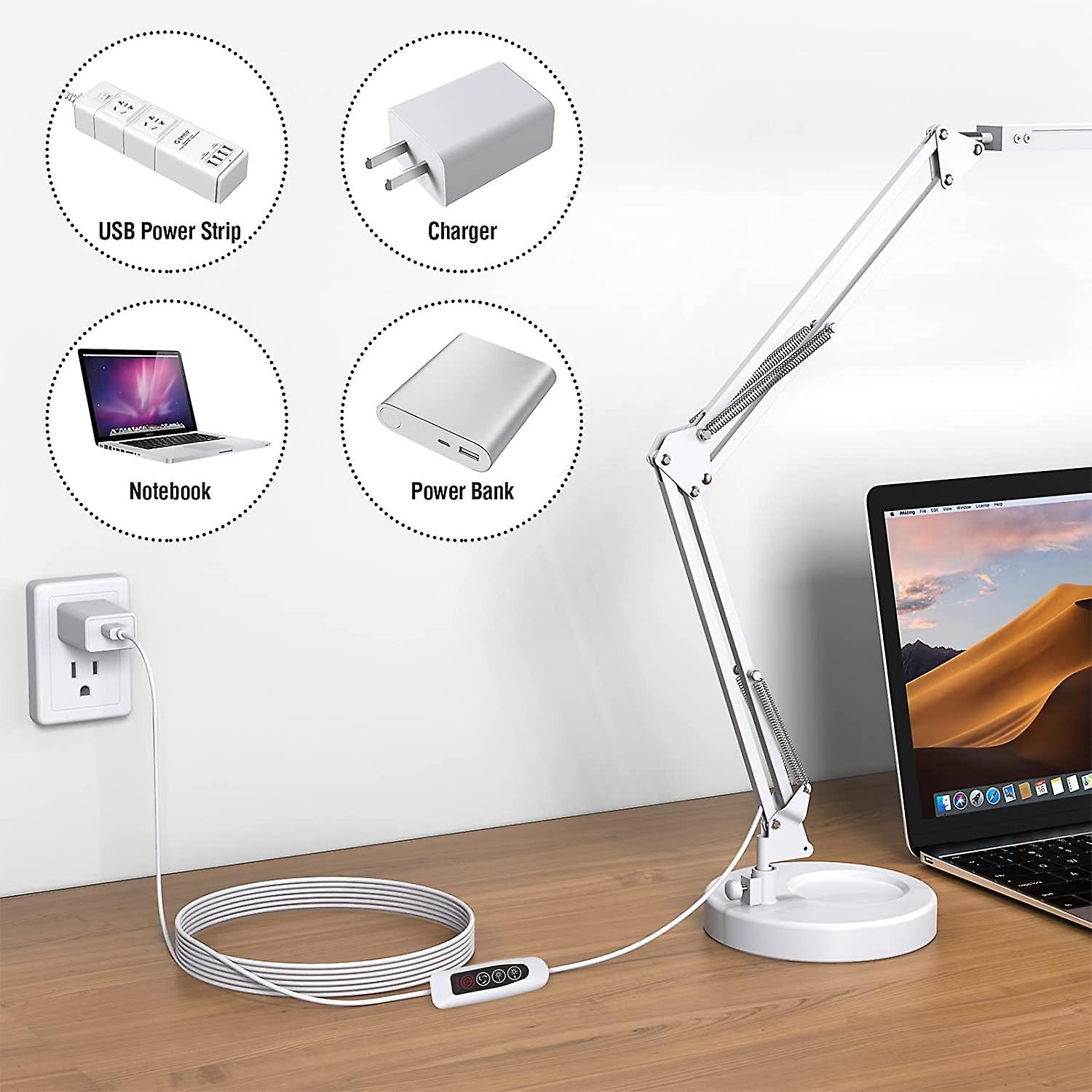 Led Desk Lamp With Clamp And Round Base，eye Caring Table Lamp With Swing Arm，3 Color Modes 10 Brightness Levels，memory Function Bedside Lamp，white Des