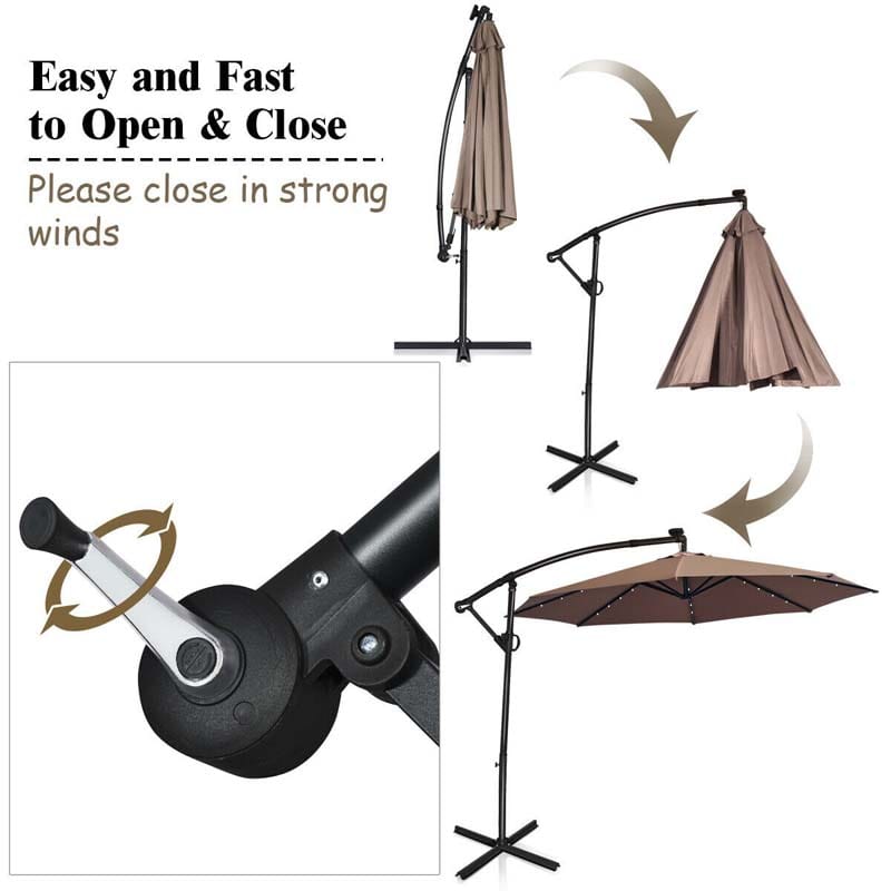 10 FT Patio Offset Umbrella with Solar Lights 360° Rotation Outdoor Market Umbrella with Crank Handle & Cross Base