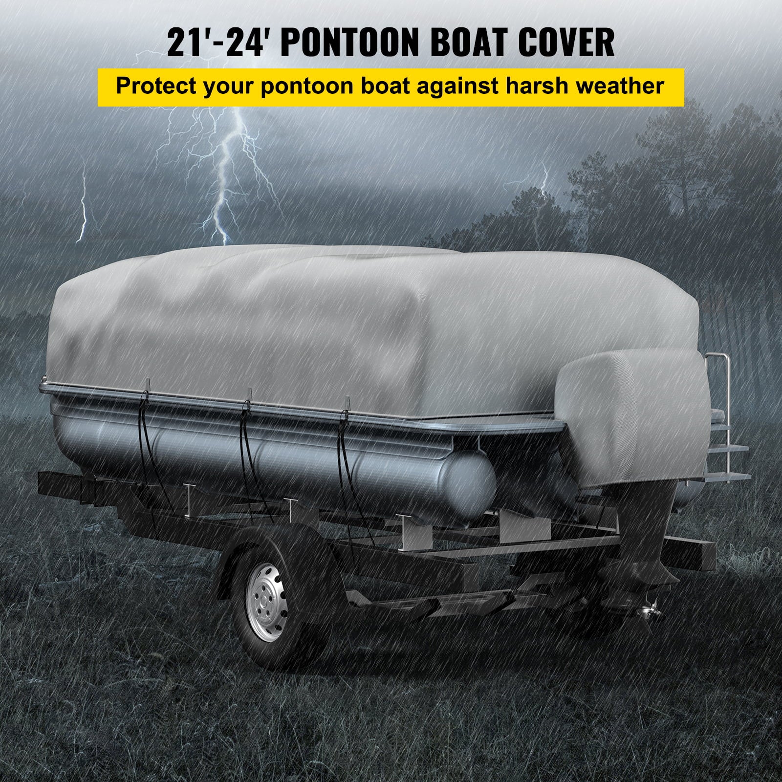 VEVOR Pontoon Boat Cover， Fit for 21'-24' Boat， Heavy Duty 600D Marine Grade Oxford Fabric， UV Resistant Waterproof Trailerable Boat Cover w/ 2 Support Poles and 7 Wind-proof Straps， Gray