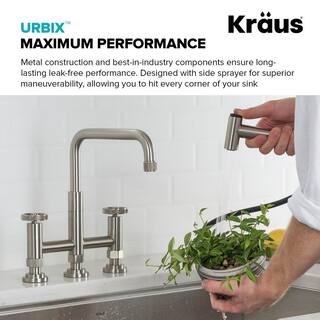 KRAUS Urbix Double Handle Industrial Bridge Kitchen Faucet with Side Sprayer in Spot Free Stainless Steel KPF-3125SFS