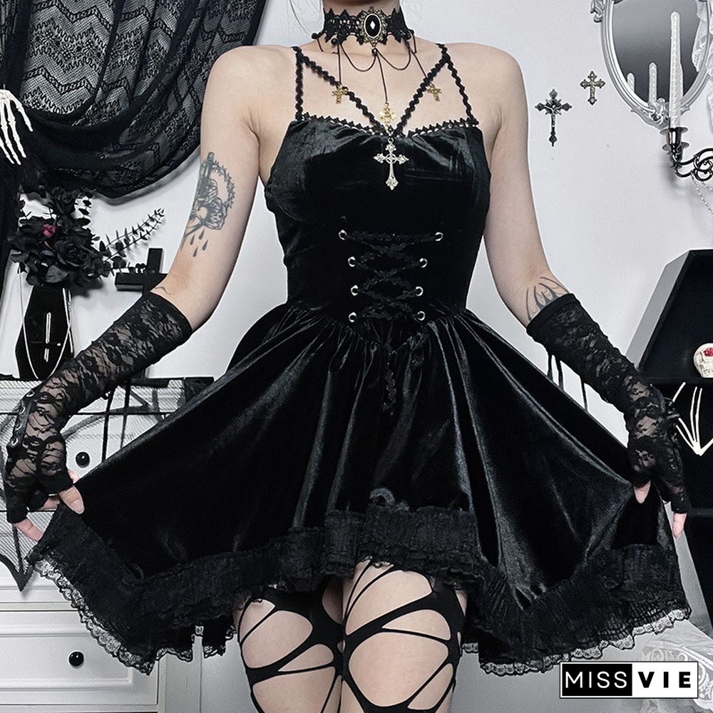 InsGoth Gothic Sexy Black V Neck Lace Up Dress Y2K Aesthetic Grunge Punk High Waist Lace Trim Corset Dresses Ladies Party Dress