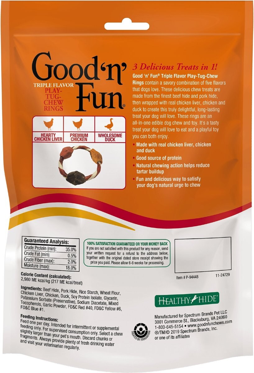 Good 'n' Fun Triple Flavor Play-Tug-Chew Rings Dog Dental Treats， 4 count