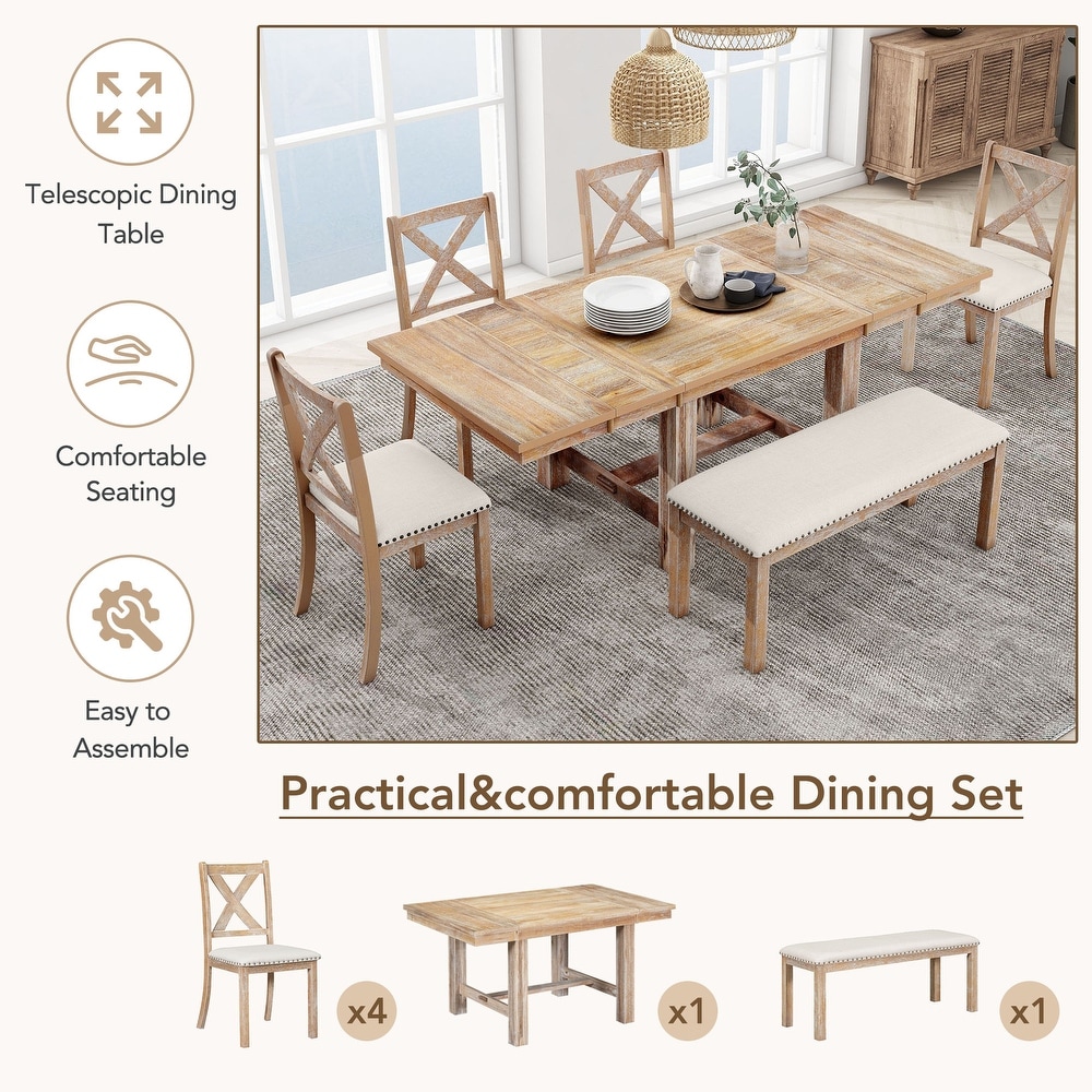 Classic 6 Piece Dining Set with Rectangular Extendable Dining Table and Upholstered Chairs   Bench w/Nailhead  for Dining Room