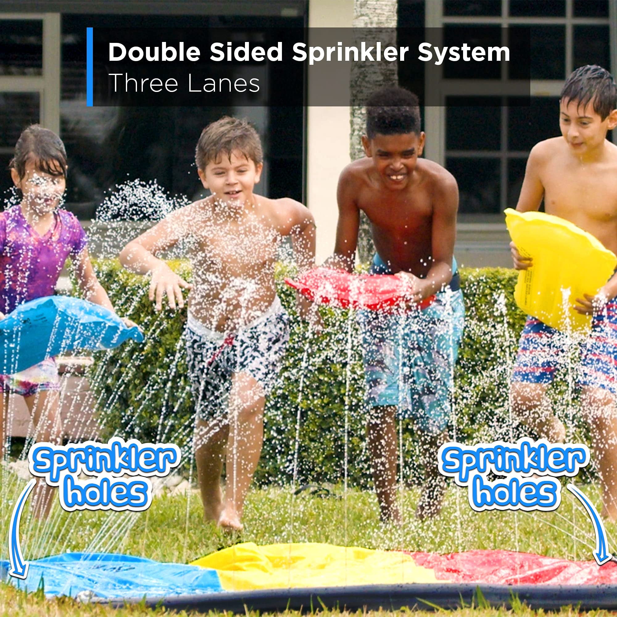 Jambo Triple Lane Slip, Splash and Slide (Newest Model) for Backyards| Water Slide Waterslide with 3 Boogie Boards | 16, Foot 3 Sliding Racing Lanes with Sprinklers | Durable PVC Construction