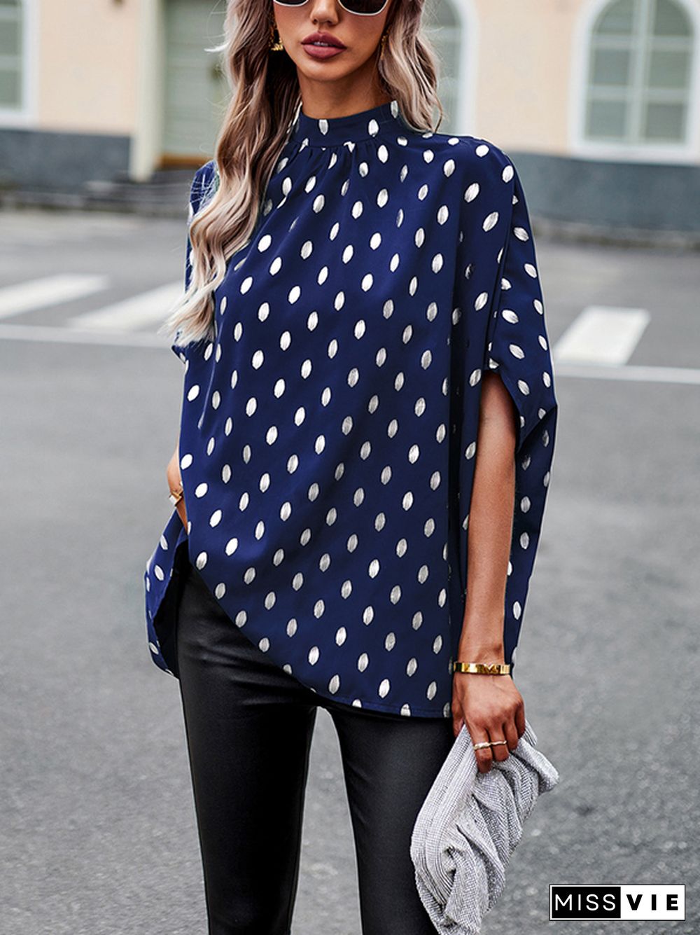 Loose Bandage Polka Dot Round-Neck Blouses&Shirts Tops