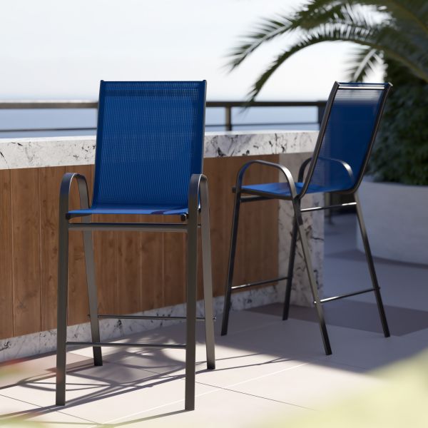 2 Pack Brazos Series Navy Outdoor Barstools with Flex Comfort Material and Metal Frame