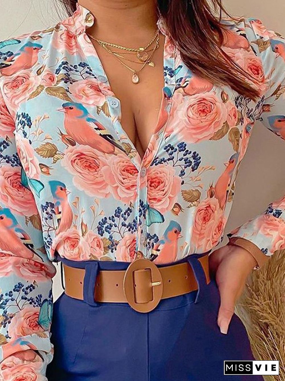 Long Sleeves Buttoned Flower Print Deep V-Neck Shirts Top +Belted Shorts Bottom Two Pieces Set