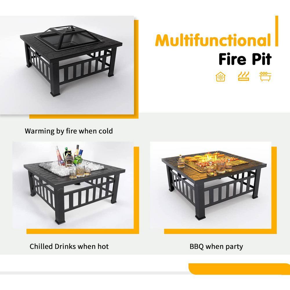 Tozey 32 in. Outdoor Steel Square Fire Pits Patio Multi-Functional Firepit Table with Waterproof Cover for Outside Heating T-FP21SQ320