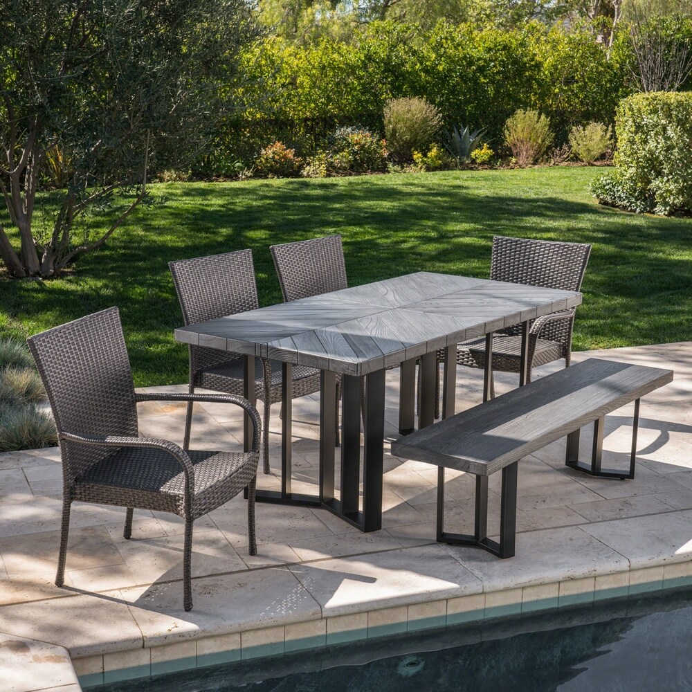 Fossili Outdoor 7 Piece Wicker Dining Set with Textured Dining Table by Christopher Knight Home