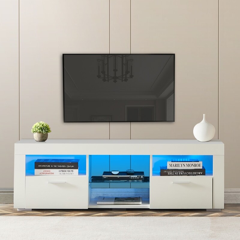 Modern entertainment center with LED lights  high light media TV console with tempered glass shelf