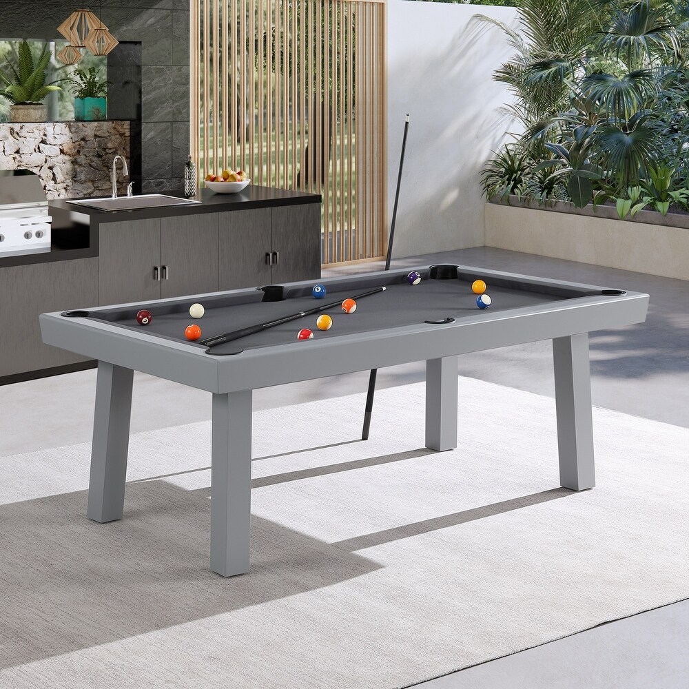 Newport Outdoor Patio 7ft Slate Pool Table Dining Set with 2 Benches   Accessories  Cement Finish