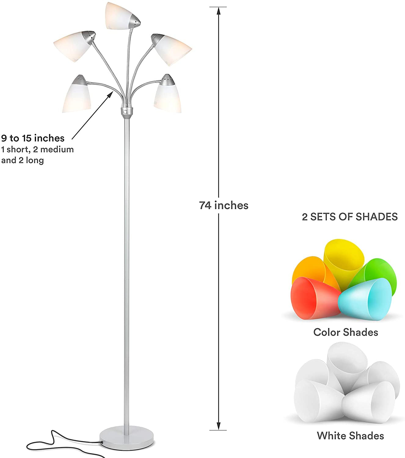 Brightech Medusa LED Floor Lamp - Multi Head Adjustable Tall Pole Standing Reading Lamp