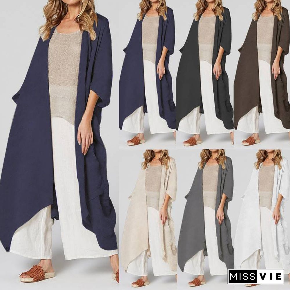 Women Summer Vintage Beach Cover Up Solid Belted Casual Loose Blouse Plus Size Cardigan Kimono Linen