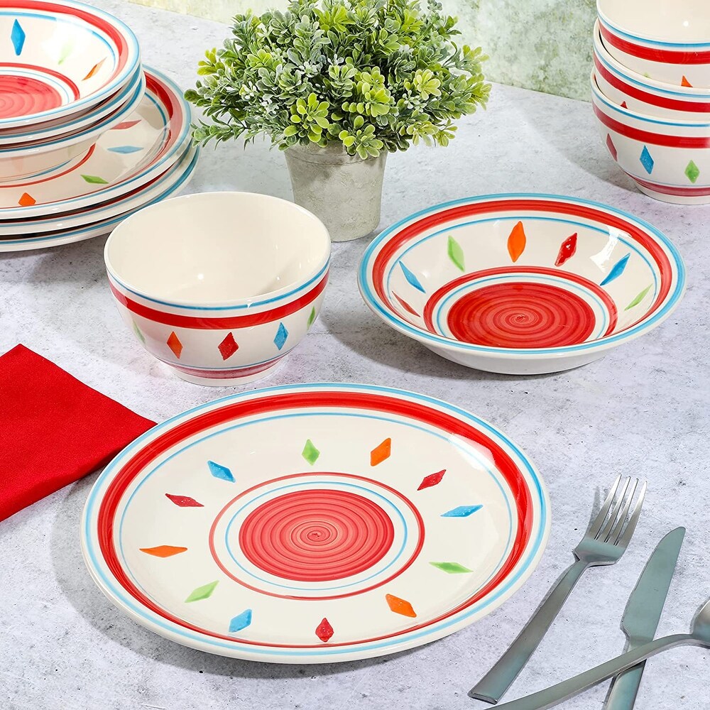 Gibson Home Heidy 12 Piece Hand Painted Durastone Dinnerware Set Red