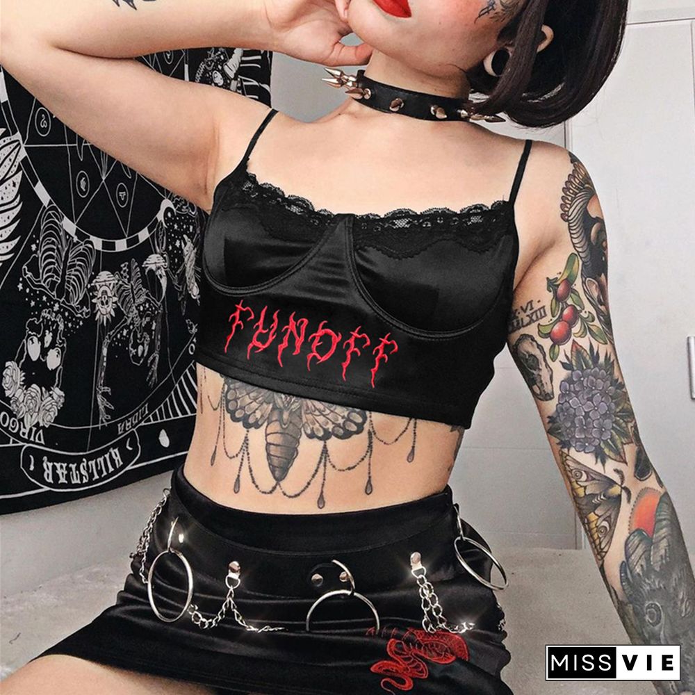 Gothic Punk Black Lace Frill Crop Top Summer Backless Spaghetti Strap Camisole Tee Women Embroidery Letter Vest Harajuku