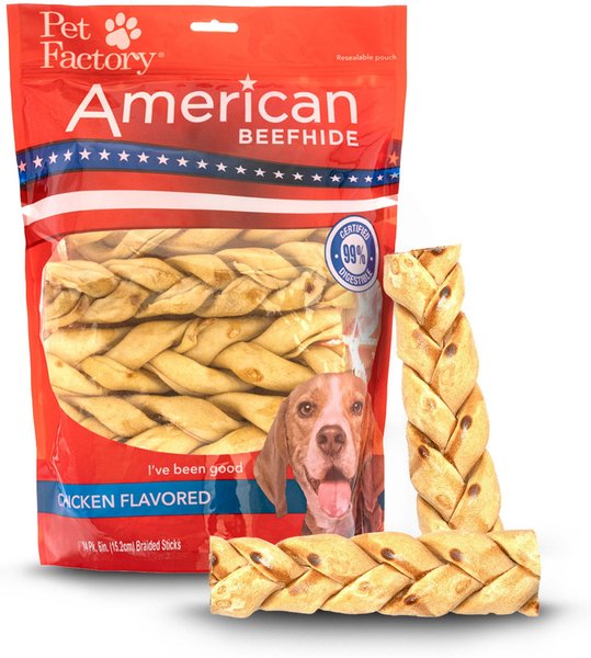 Pet Factory Beefhide 6-inch Braided Sticks Chicken Flavored Natural Dog Hard Chews， 14 count