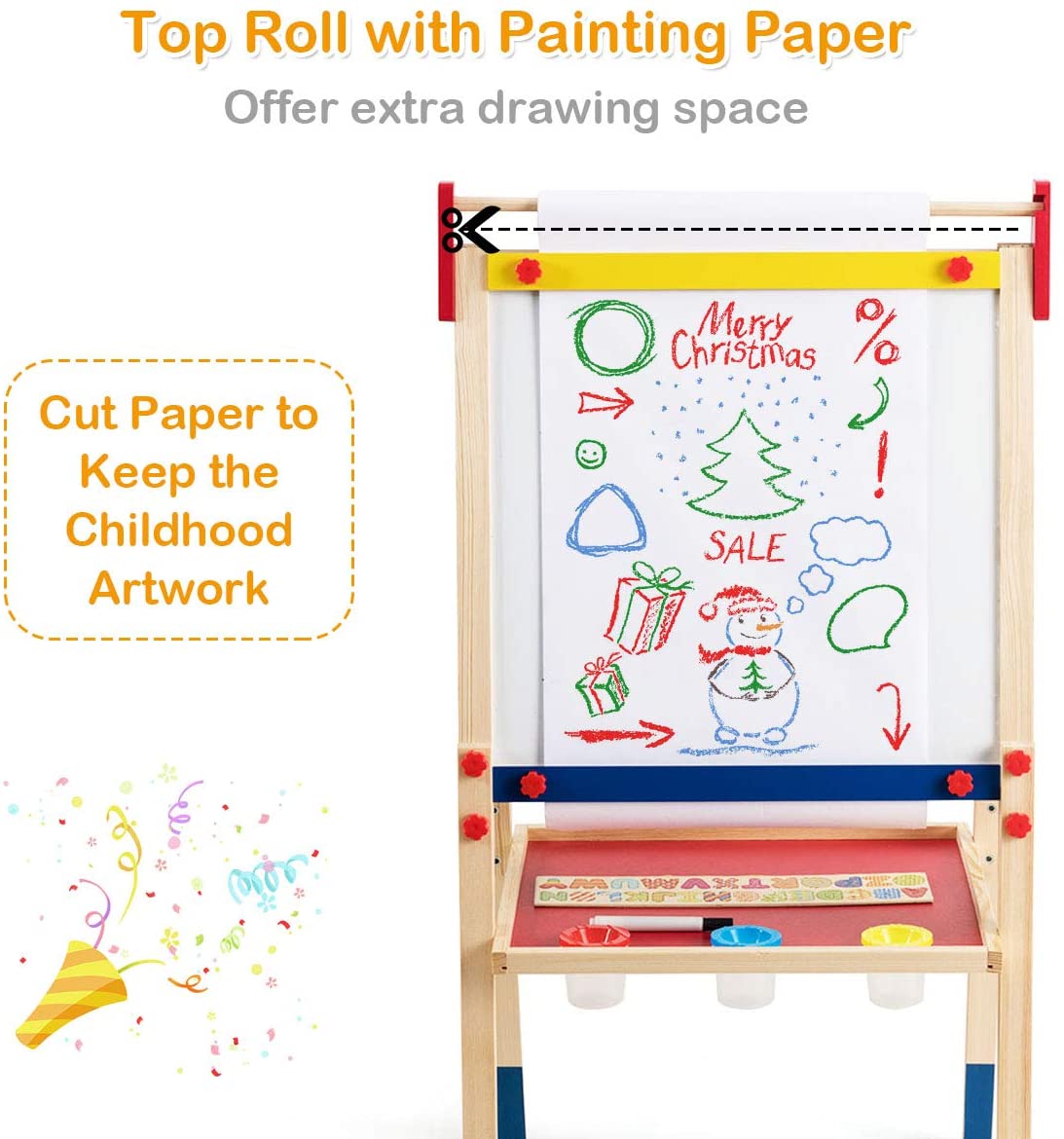 Costzon 3 in 1 Kids Art Easel with Paper Roll, Double Sided Adjustable Chalkboard & White Dry Erase with 4 Drawing Board Clips