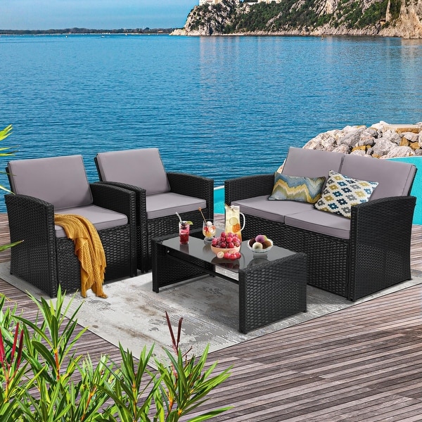 4 Pieces Patio Conversation Set，Outside Rattan Sectional Sofa，Cushion Furniture Set，Wicker Sofa for Garden，Rattan and Cushion