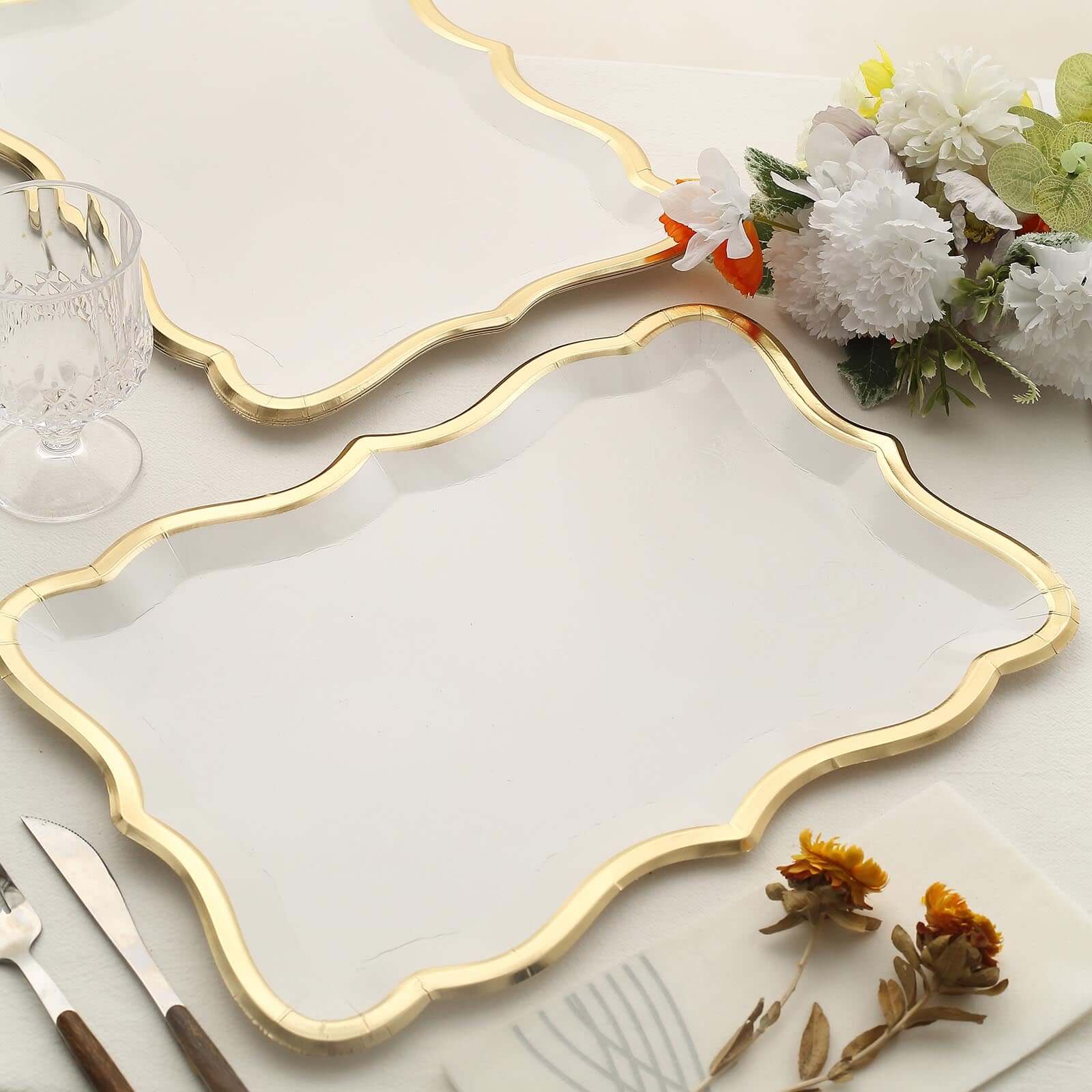 10 Pack Elegant White / Gold Rim Disposable Serving Trays, Heavy Duty 400 GSM Paper Rectangular Party Platters 14