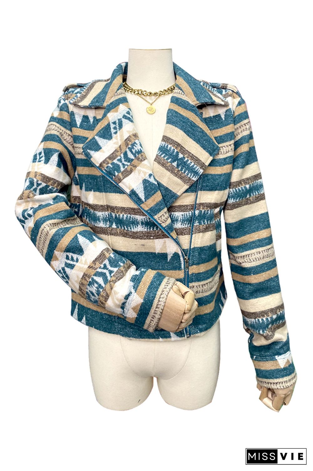 Aztec Print Lapel Pockets Short Jacket Coat