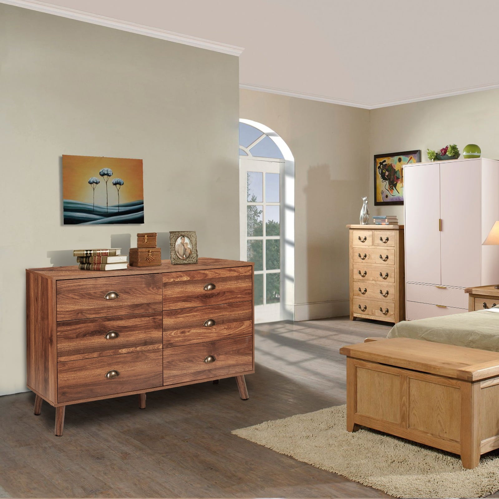 Wood Dresser for Bedroom with 6 Drawers, Mid Century Modern Chests of Drawer with Metal Handles, Walnut