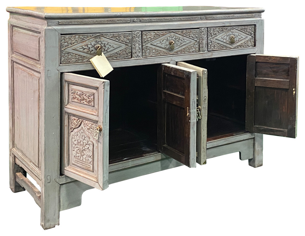 Chinese Distressed Gray Floral Motif Sideboard Console Table Cabinet Hcs5768   Asian   Console Tables   by Golden Lotus Antiques  Houzz