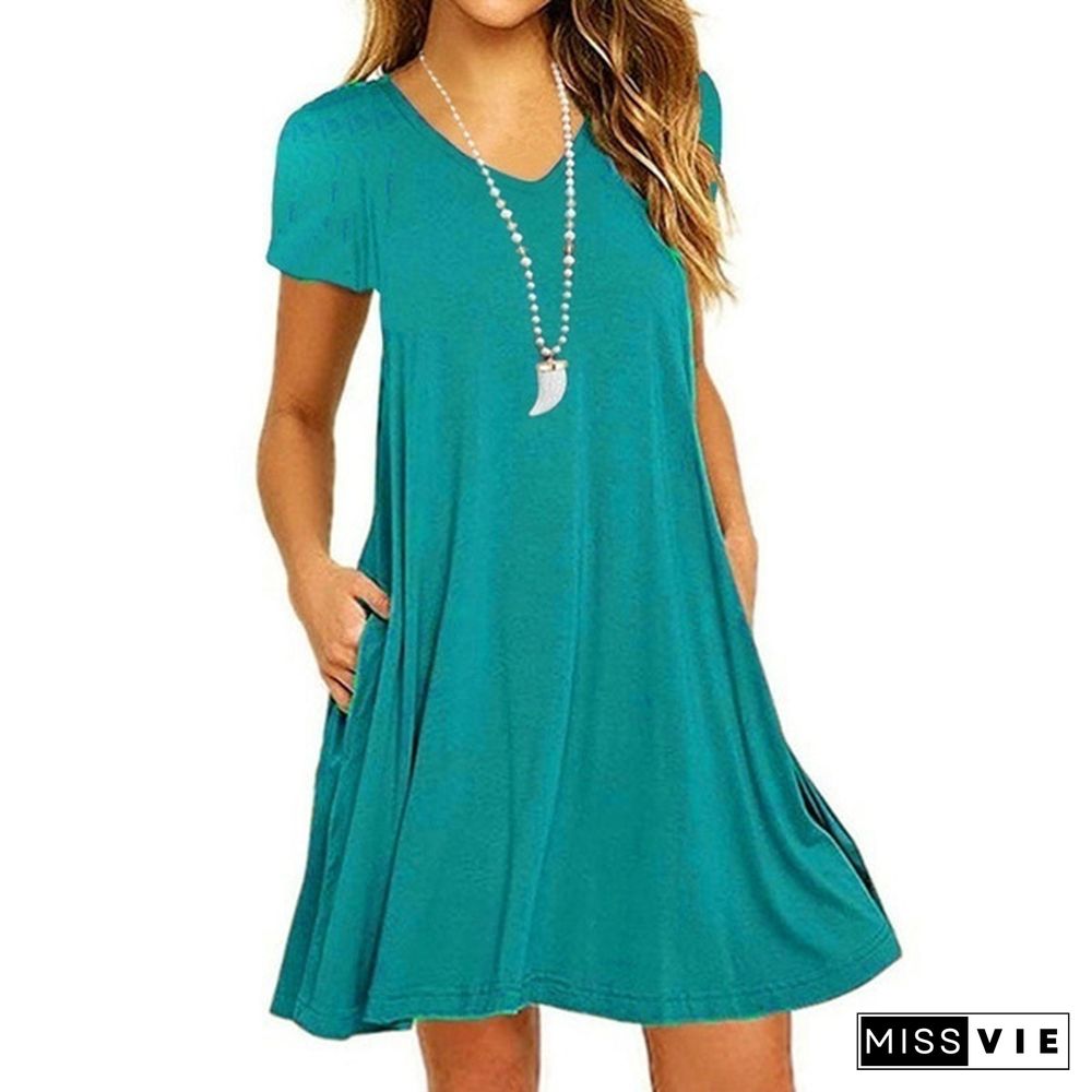 Plus Size XS-8XL Women's Fashion Spring Summer Tunic Dresses Casual Short Sleeve Slim Fit Beach Wear Ruffles Party Dresses with Pockets Deep V-neck Loose Solid Color Pleated Cotton Mini Dress