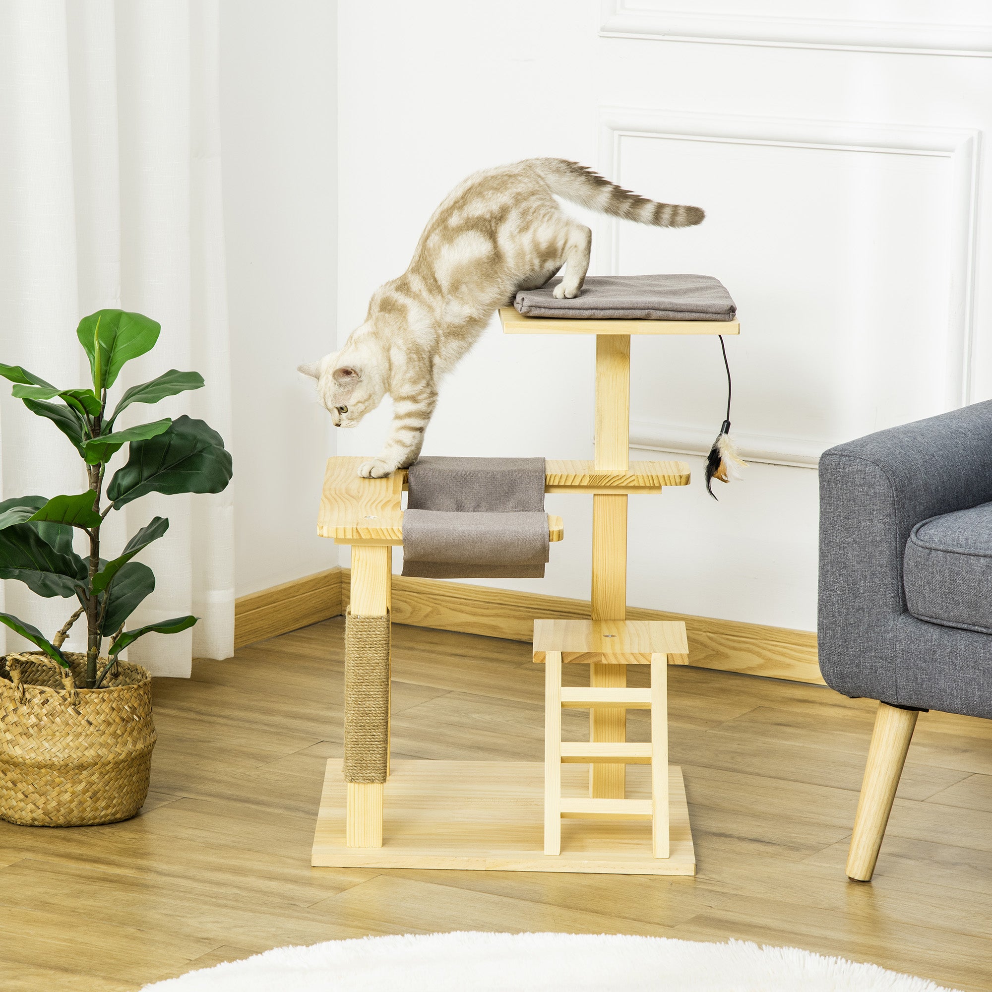 PawHut Cat Tree Pinewood Kitty Activity Center Indoor Outdoor w/ Jute Post Toy