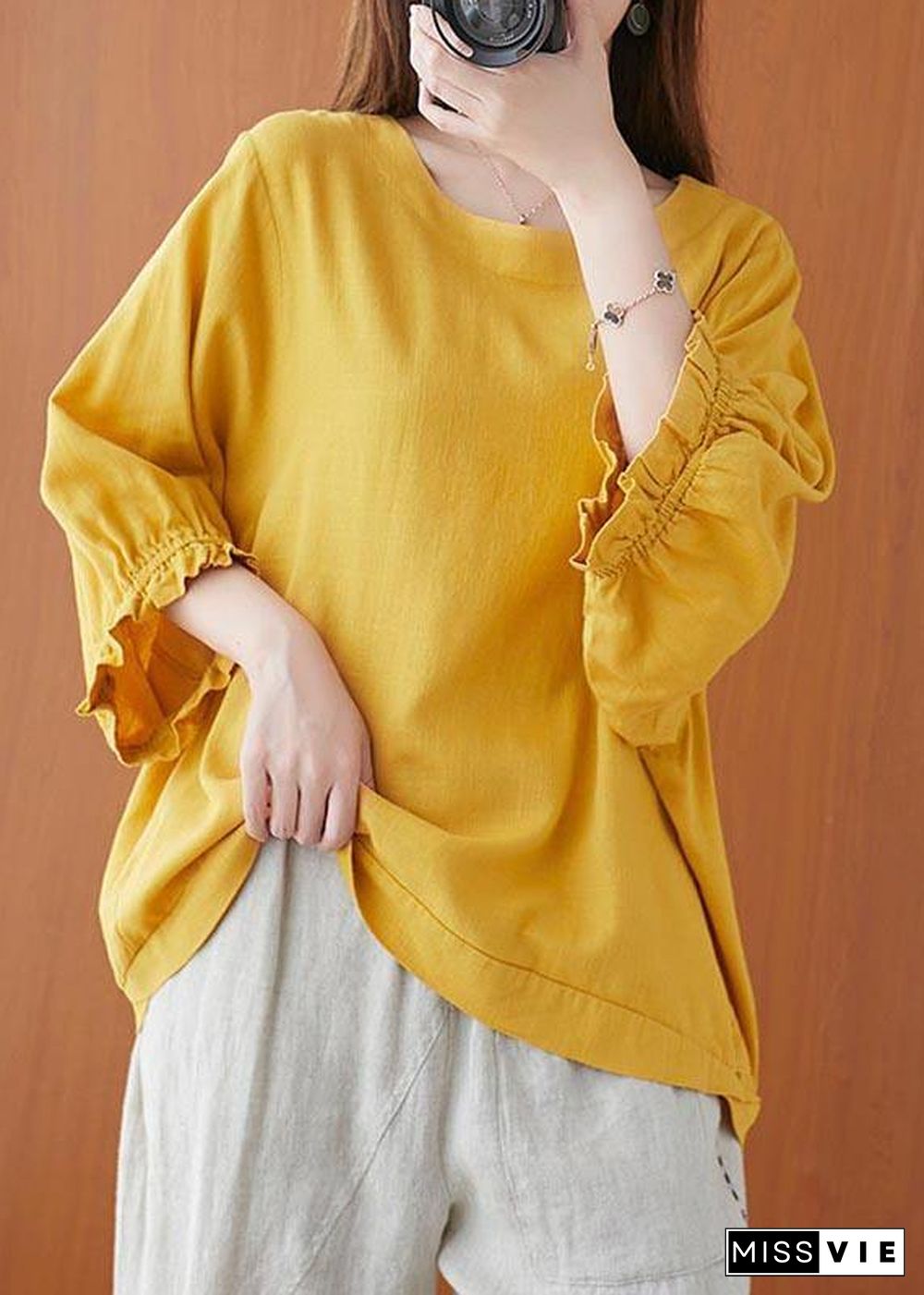 Women Yellow Ruffled Cotton Summer Shirt Top