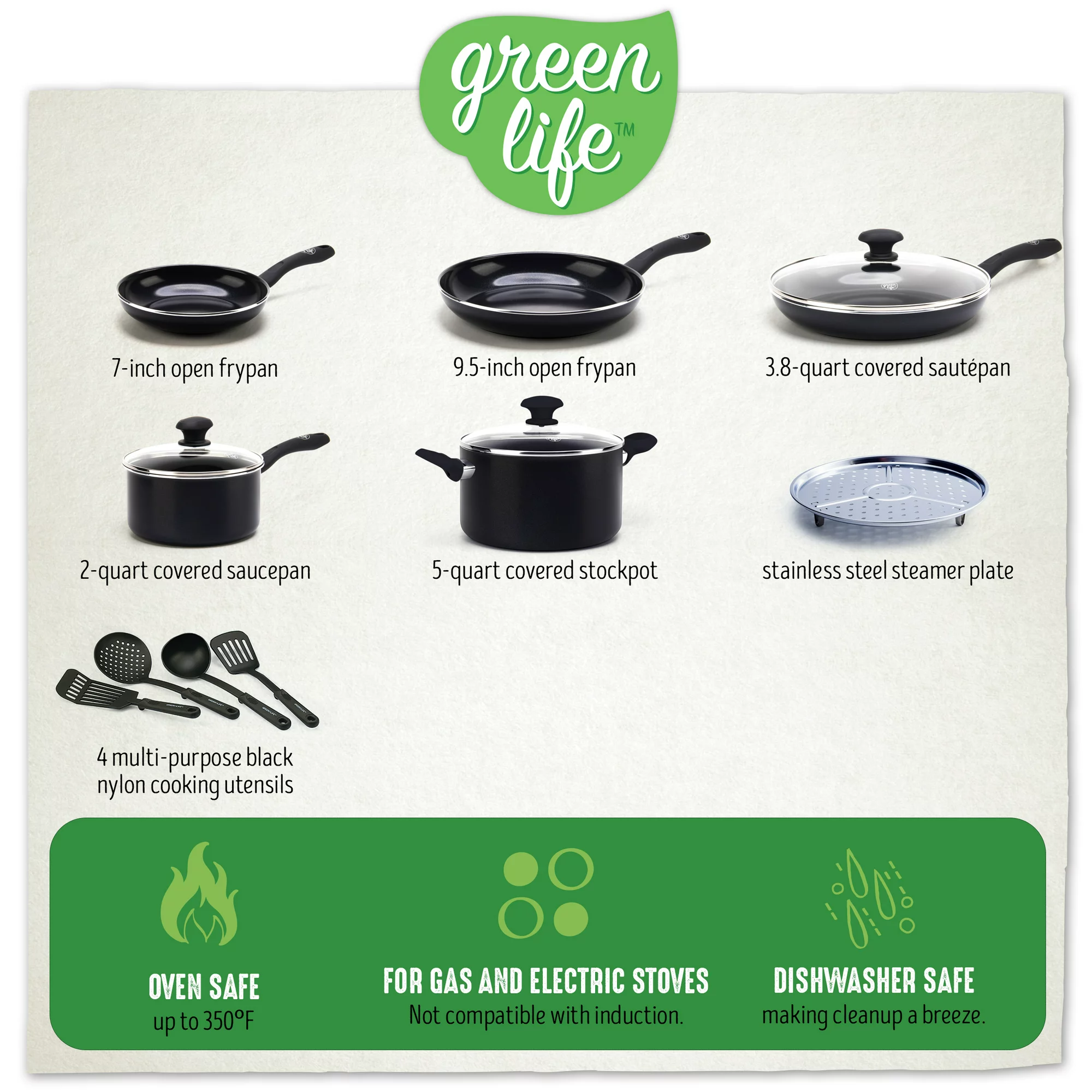 Greenlife Diamond Ceramic Non-stick 13 Piece Cookware Set， Black