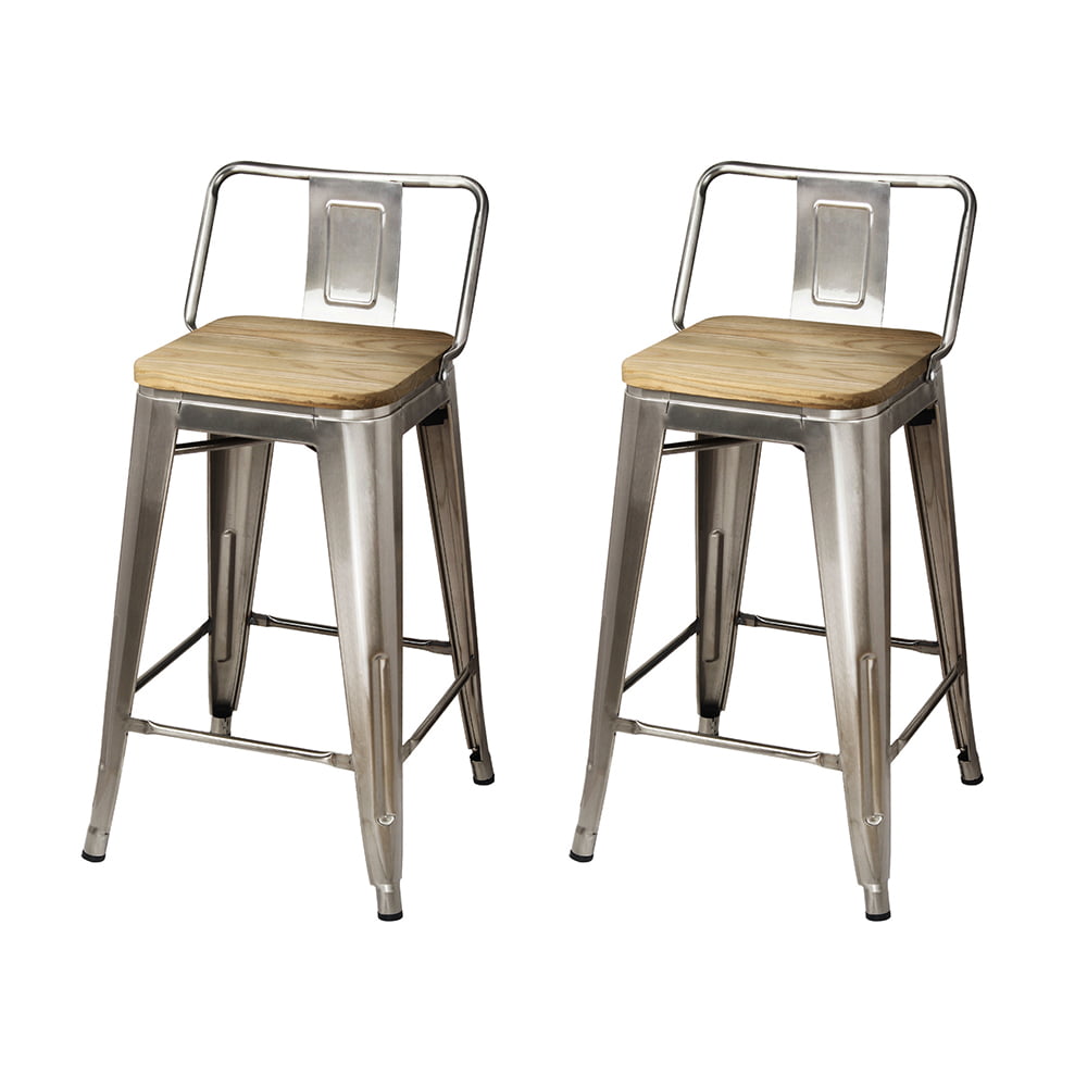 GIA Design Group 24 Inch Counter Height Low Back Metal Stools with Light Wood Seat， Gunmetal， Set of 2