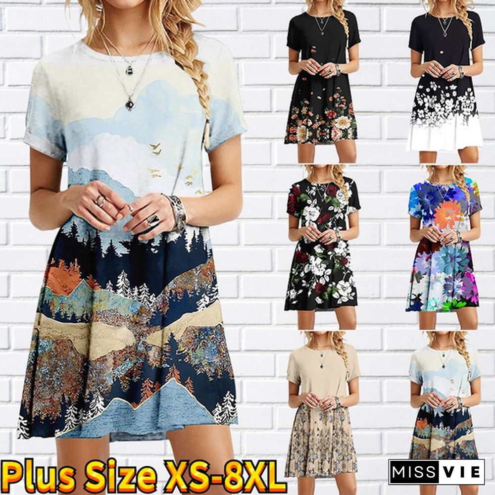 Women's Fashion Dress Flower Leaf Print Women's Casual Dress Summer Beach Short-sleeved Dress Plus Size XS-8XL