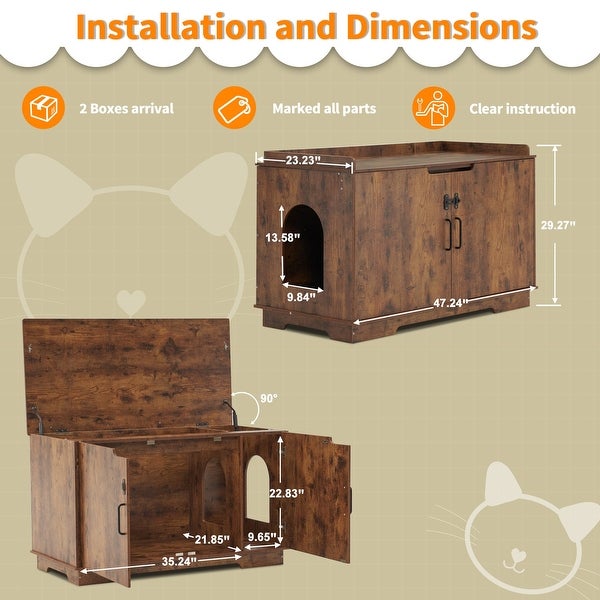 MCombo Cat Litter Box Furniture Hidden with Top Opening， Wooden Hideaway Large Cat House w/ Divider， Washroom Storage Bench CT37