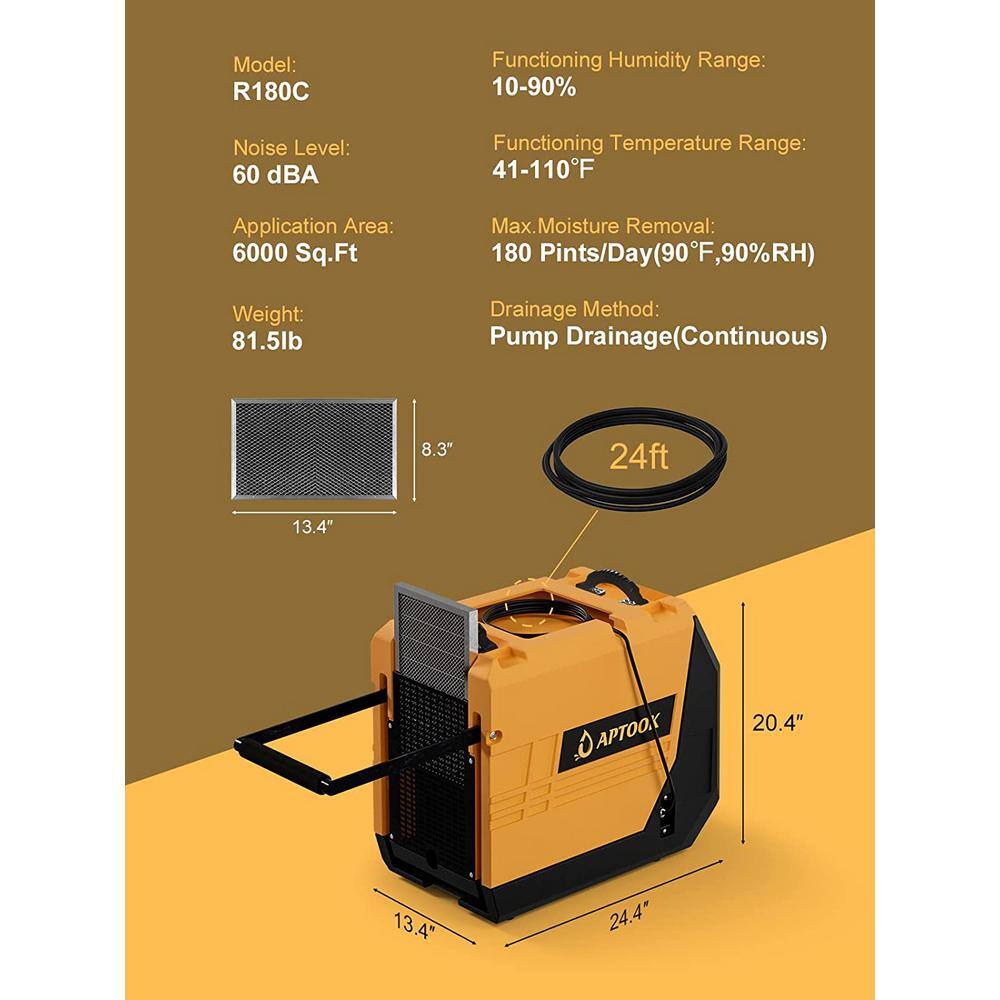 180 pt. 6000 sq. ft. Commercial Dehumidifiers in Yellow for Basement Garage Warehouse with Drain Hose and Pump W-SPU-84