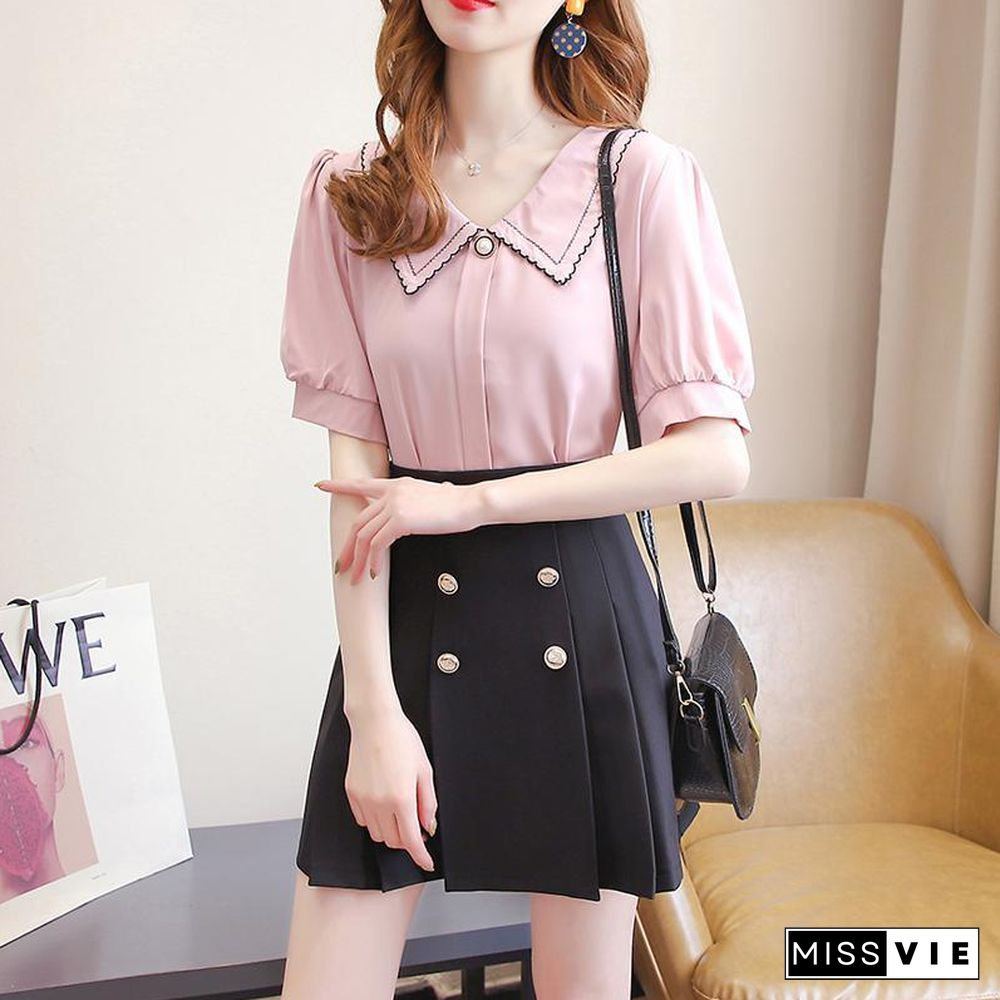 Lapel Blouse+Double Breasted Skirt P13065