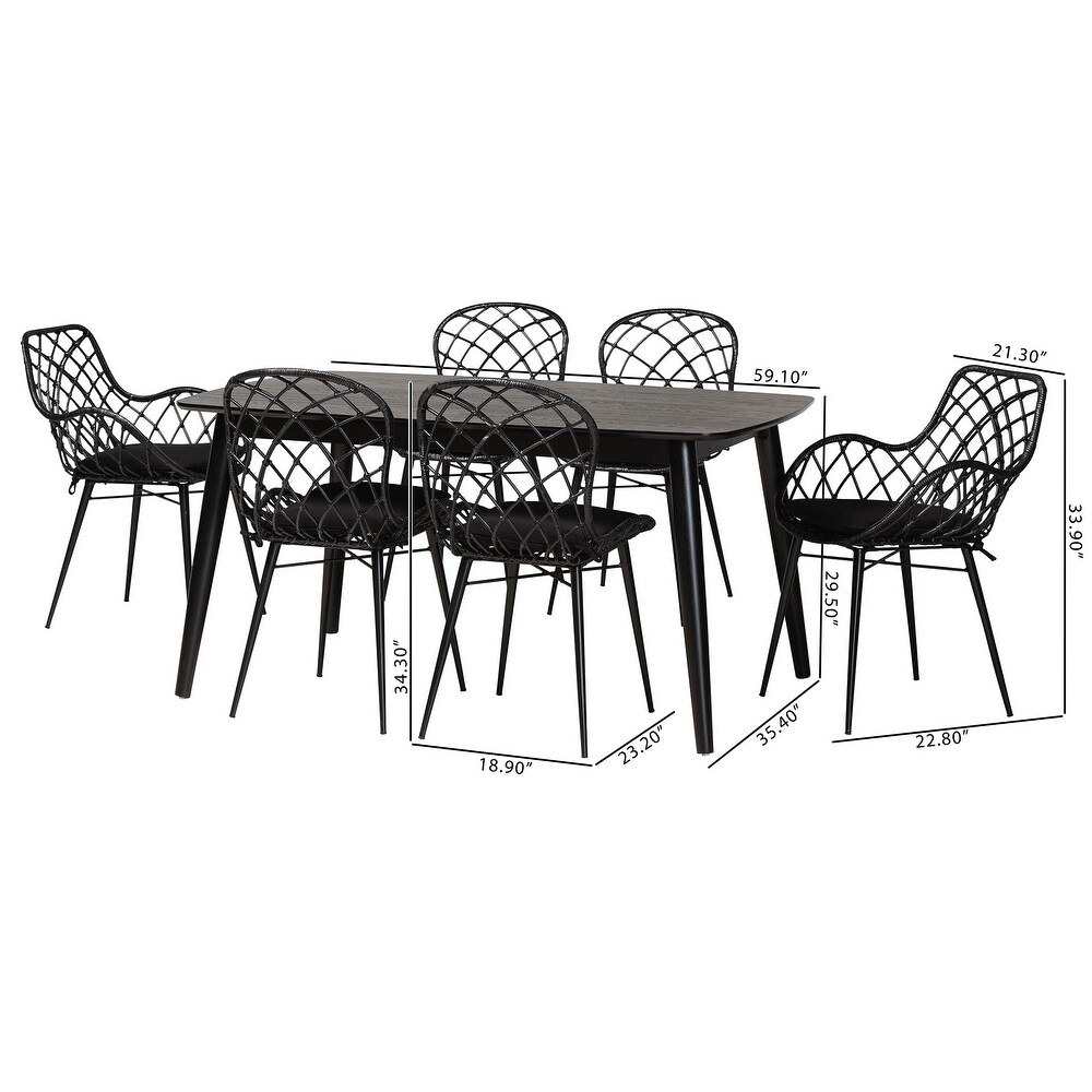 Aniceta Modern Bohemian Black Finished Wood and Rattan 7 Piece Dining Set