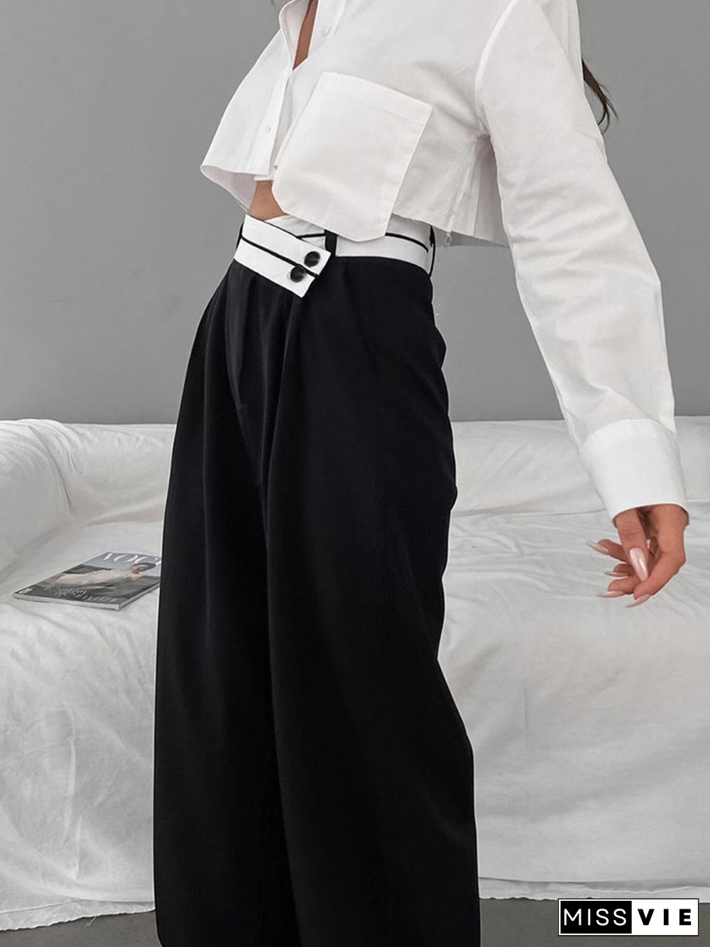 Asymmetrical Contrast Waistband Wide Leg Pants