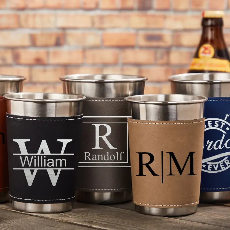 Personalized Custom Leather Beer Cup Sleeve For Stainless Steel Mug Glass Engraved Tumbler Beer Can Holder For Camping Drinks