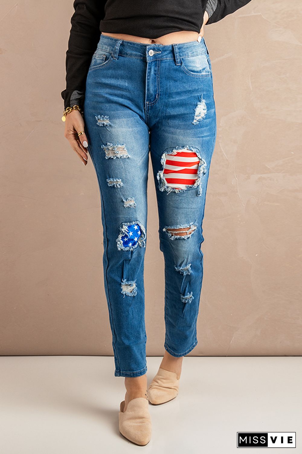 Vintage Stripes and Stars Patches Ripped Jeans