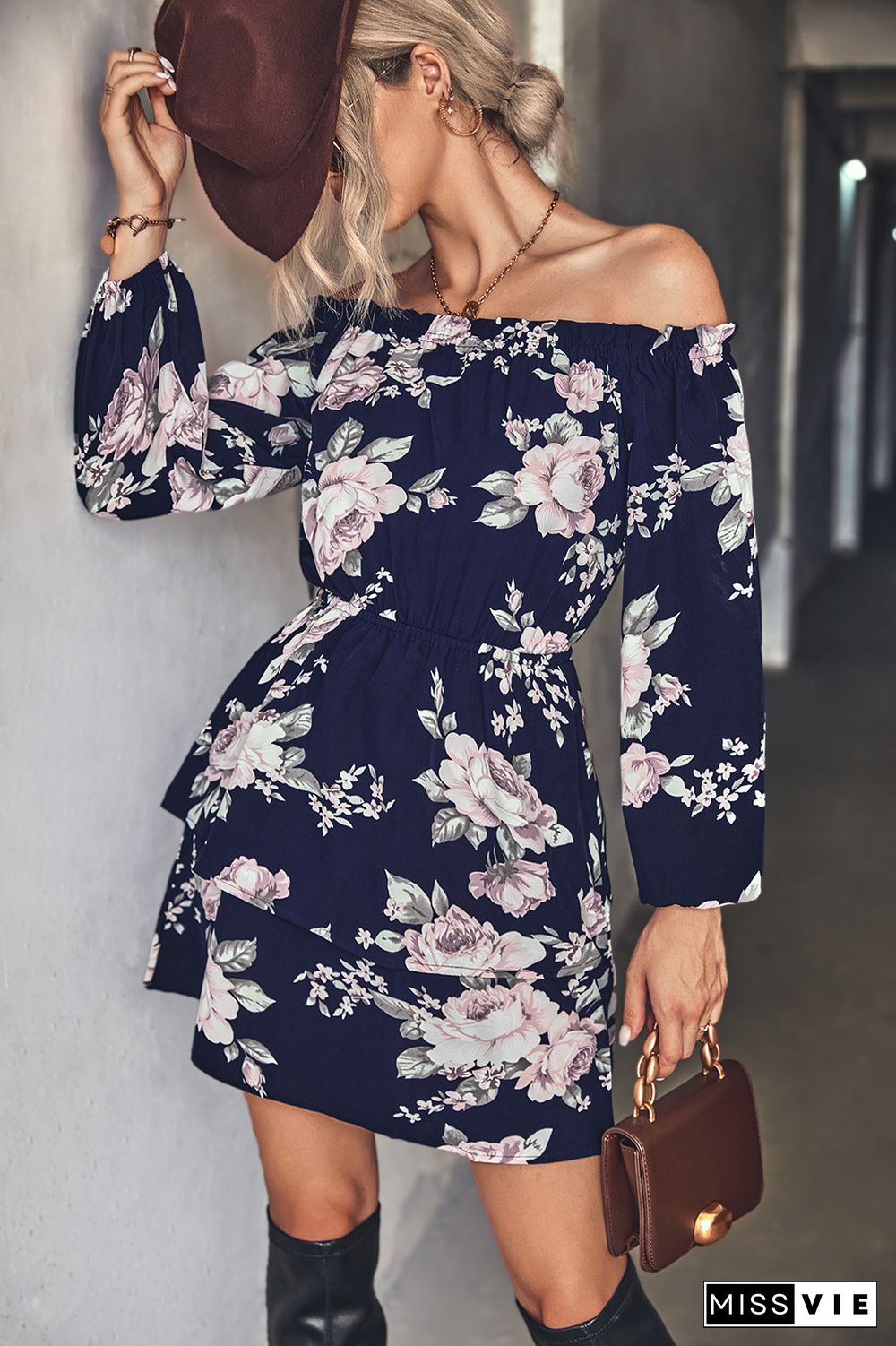 Off Shoulder High Waist Long Sleeves Floral Dress