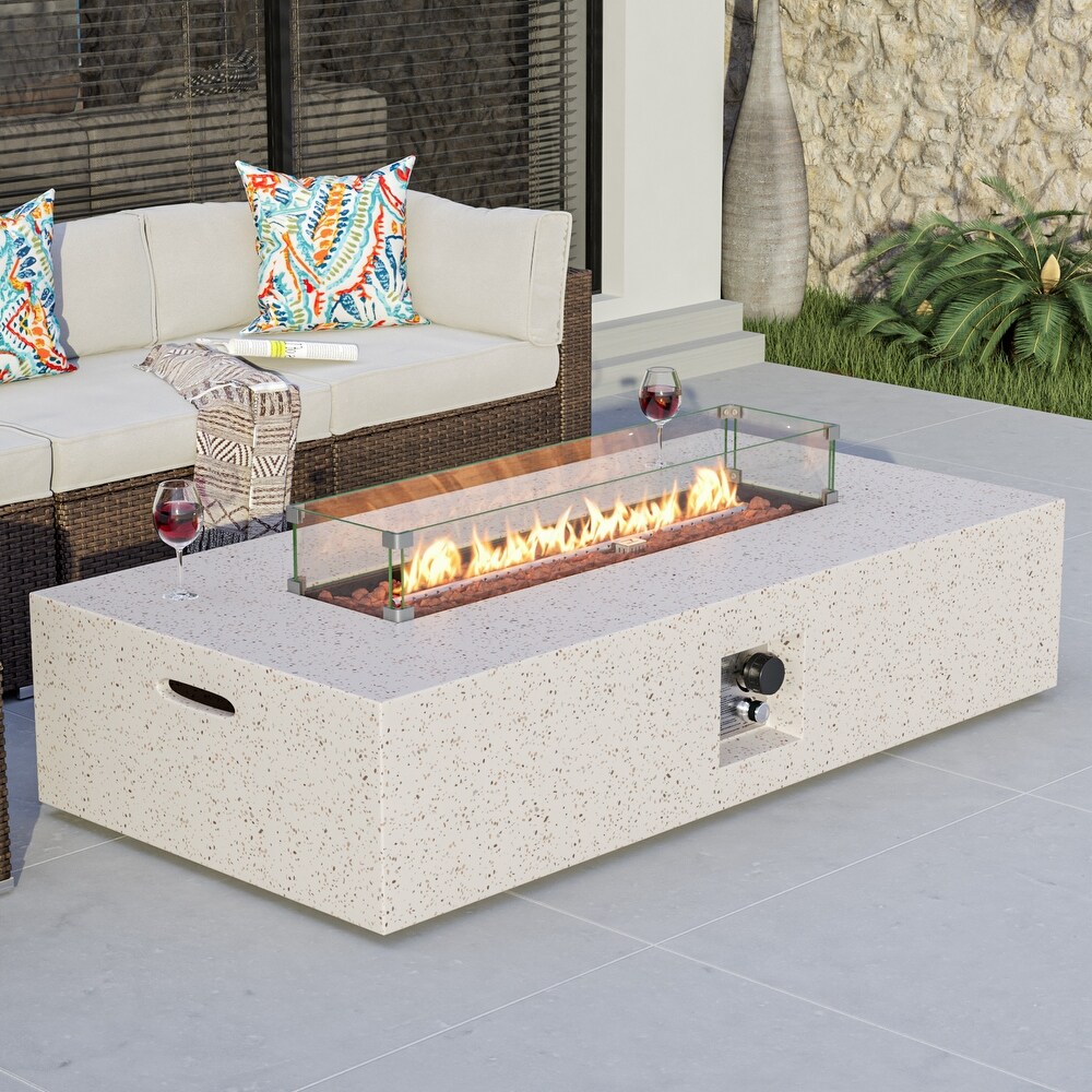 COSIEST Outdoor Patio Propane Rectangular Fire Pit Table w/ Wind Guard